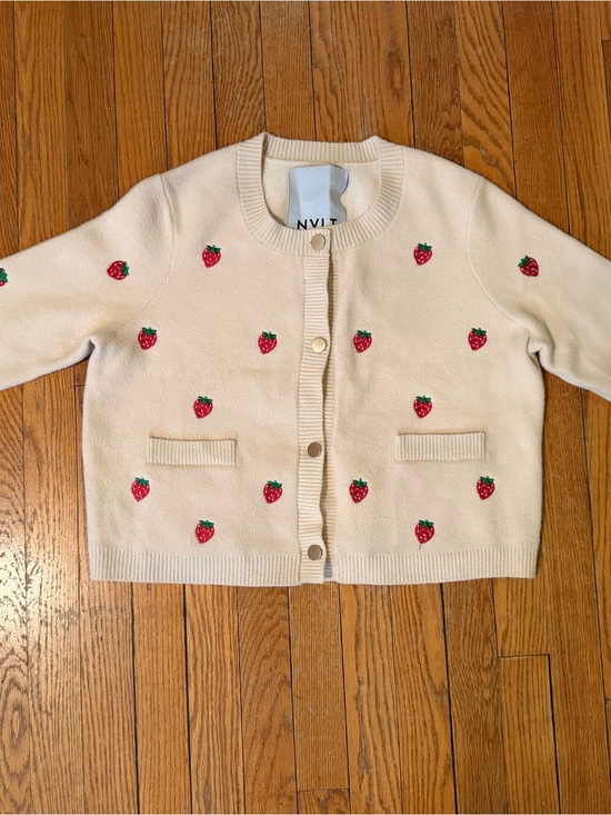 NVLT Sweaters - Anthropology NVLT Cream Cardigan with Red Strawberry Embroidery NWOT
